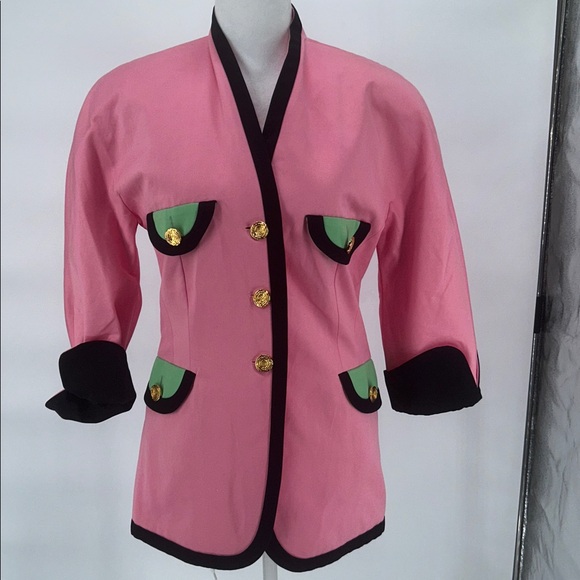 Escada by Margaretha Ley Pink Cotton Blazer Jacket Gold Buttons Size 42 Vintage - Picture 4 of 14